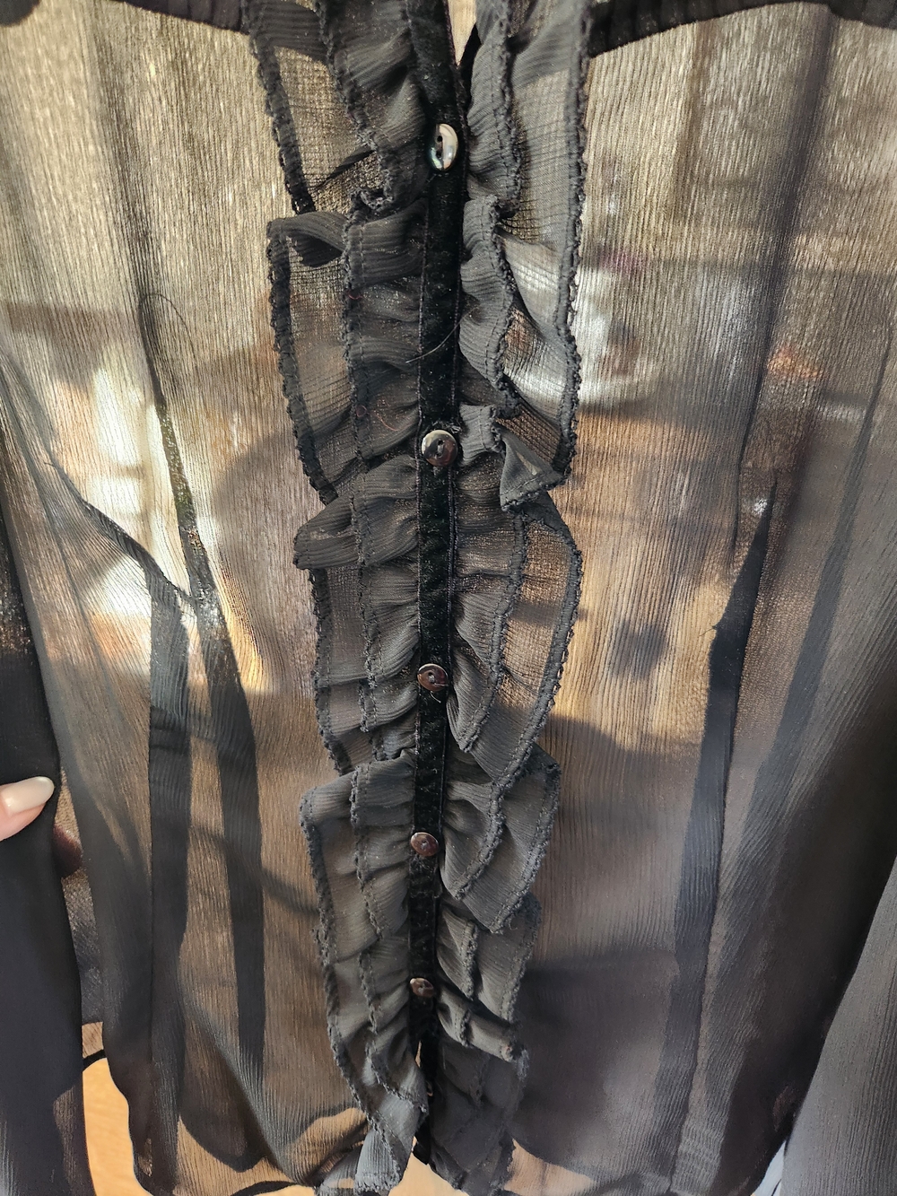 LOFT Black Sheer Ruffle-Front Blouse - Picture 6 of 6